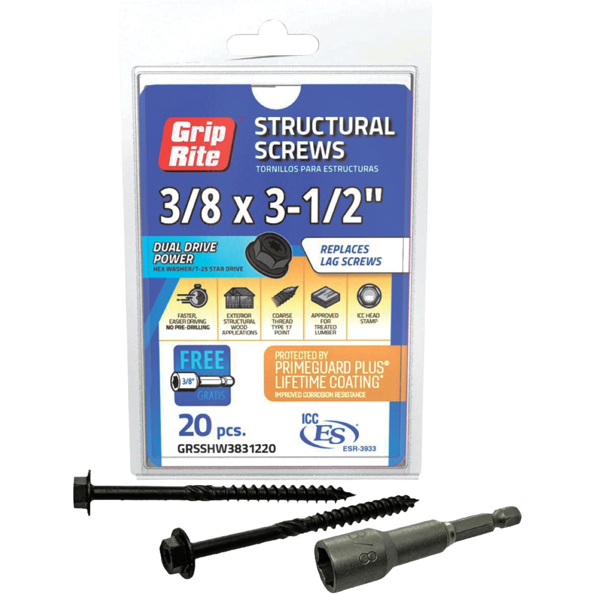 Grip-Rite PrimeGuard Plus 3/8 In. x 3-1/2 In. Dual Drive Hex Washer Head Structural Screw (20-Count)