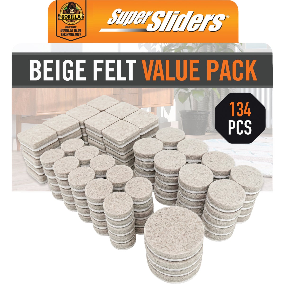 Super Sliders Gorilla Glue Round Beige Felt Furniture Pad Variety Assortment (134-Piece)