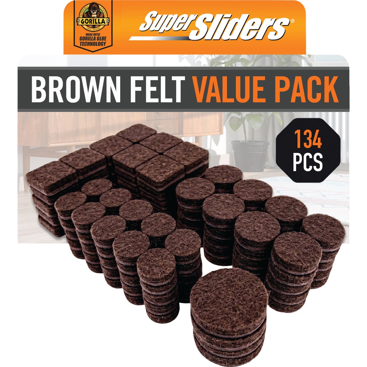 Super Sliders Gorilla Glue Round Brown Felt Furniture Pad Variety Assortment (134-Piece)