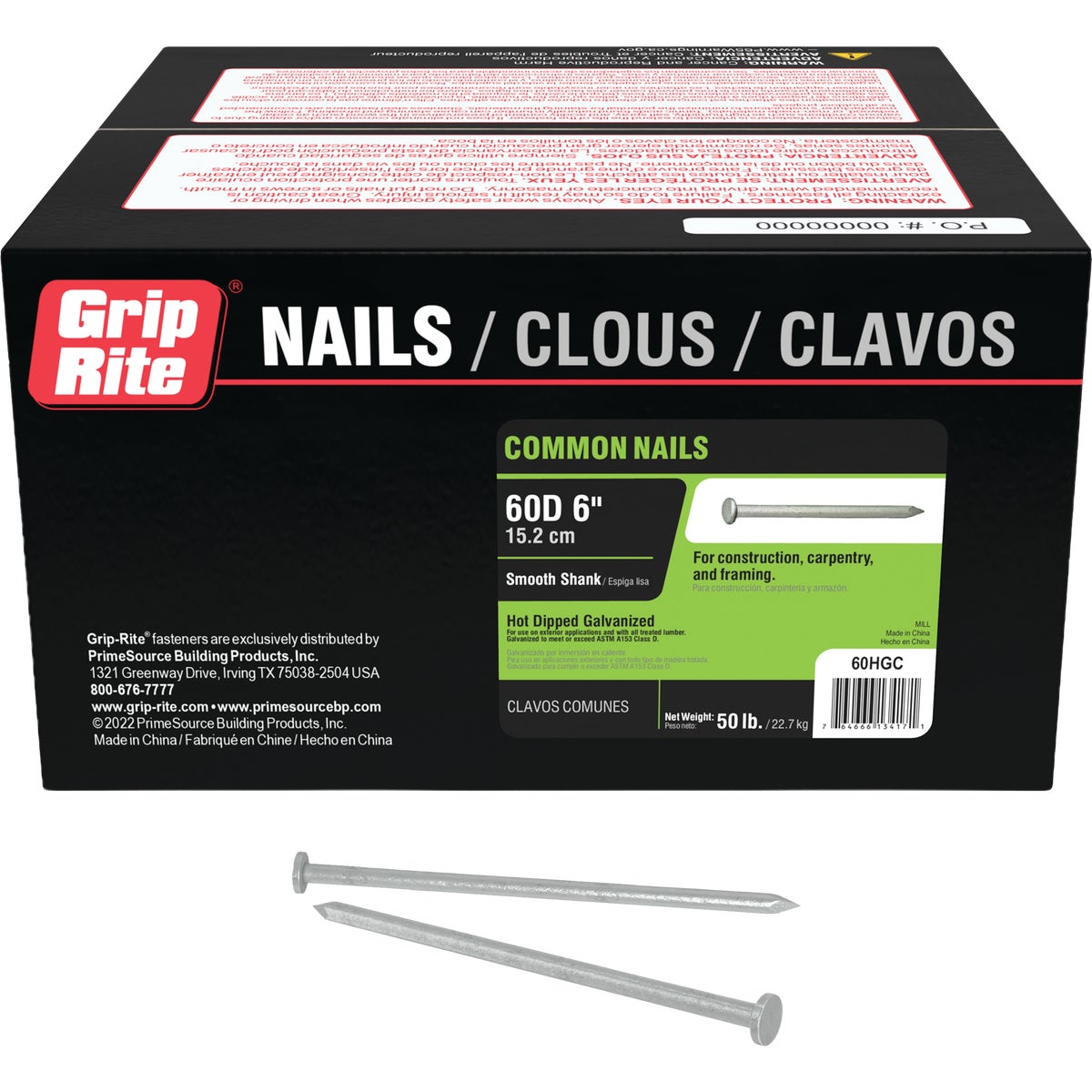 Grip-Rite 6 In. 60d x 2 ga Smooth Shank Flat Head Hot-Dipped Galvanized Steel Common Nail (50 Lb.) Image 1