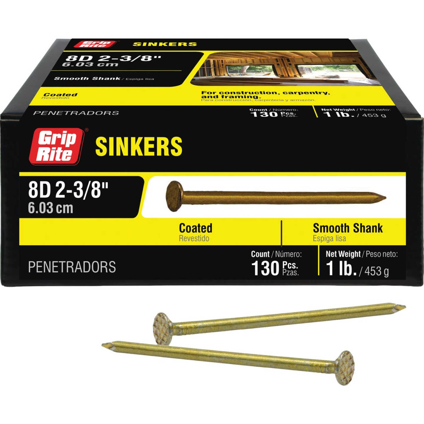 Grip-Rite 2-3/8 In. x 11-1/2 ga x 8d Coated Sinker Framing Nails (153-Count) Image 1