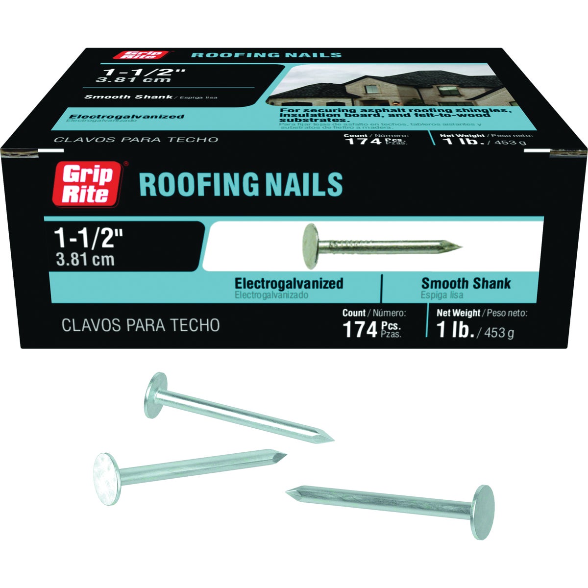 Grip-Rite 1-1/2 In. x 11 ga Smooth Shank Flat Head Electrogalvanized Roofing Nail (50 Lb.)
