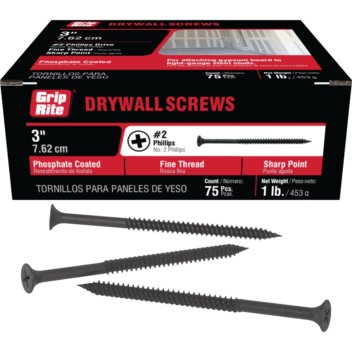 Grip-Rite #8 x 3 In. Fine Thread Multipurpose Drywall Screw (75-Count) Image 1