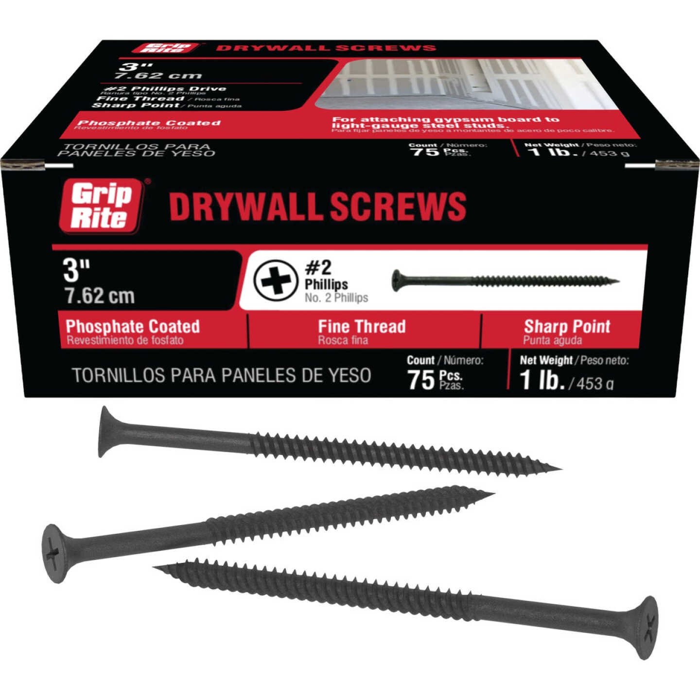 Grip-Rite #8 x 3 In. Fine Thread Multipurpose Drywall Screw (75-Count) Image 1