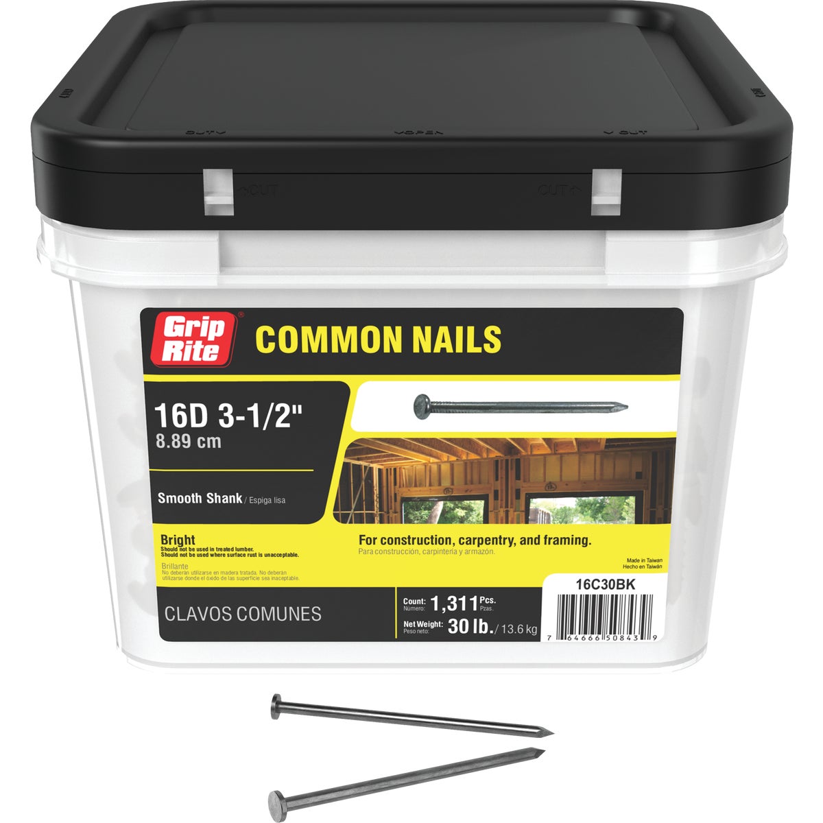 Grip-Rite 3-1/2 In. 16d x 8 ga Smooth Shank Flat Head Bright Common Nail (30 Lb.)