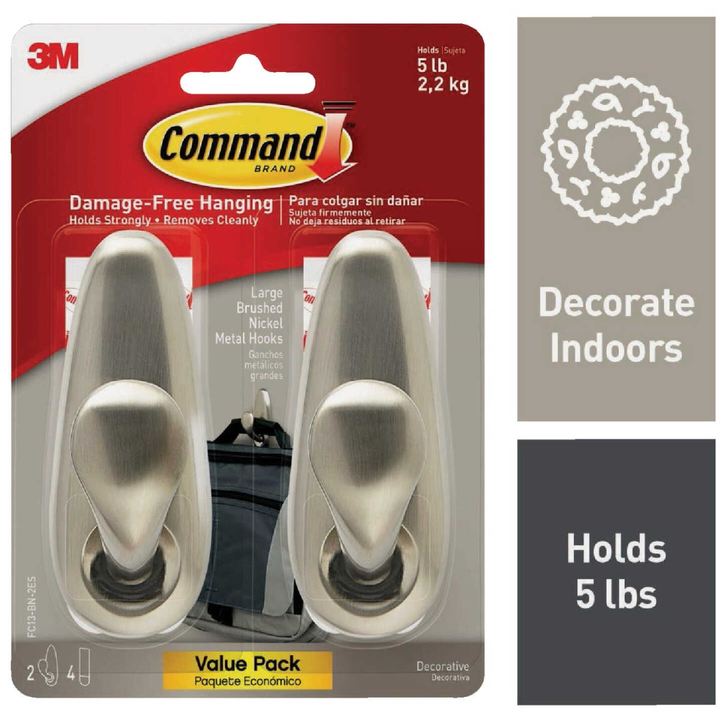 Command Large Forever Classic Hook, Brushed Nickel, 2 Hooks, 4 Strips Image 1