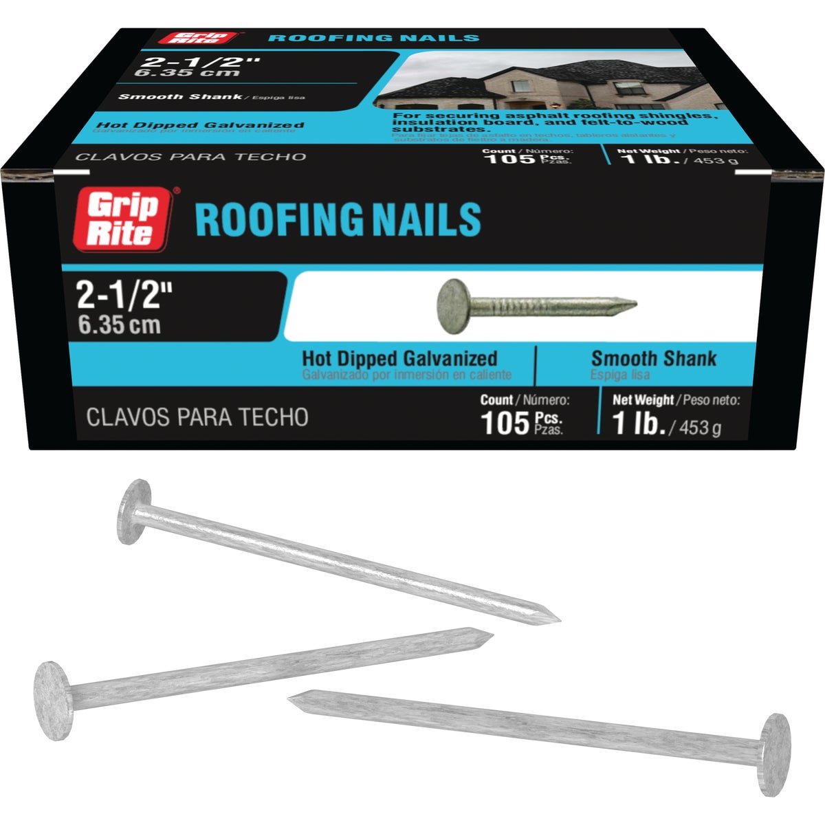 Grip-Rite 2-1/2 In. x 11 ga Smooth Shank Hot Dipped Galvanized Steel Roofing Nail (1 Lb.)