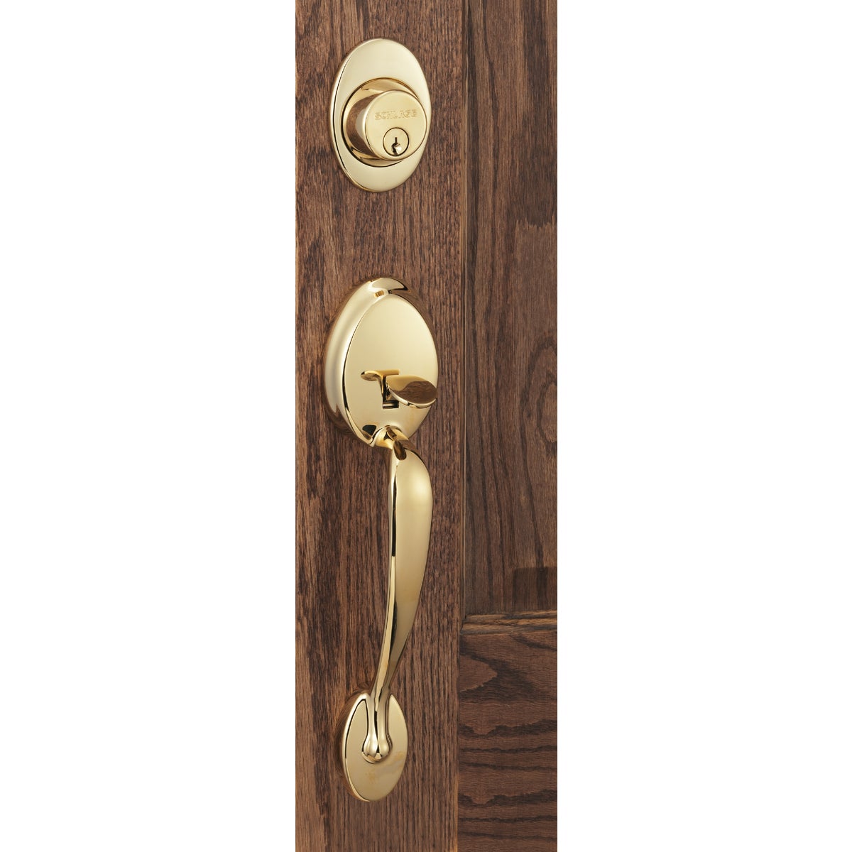Schlage Bright Brass Entry Door Handleset with Plymouth Knob Image 3