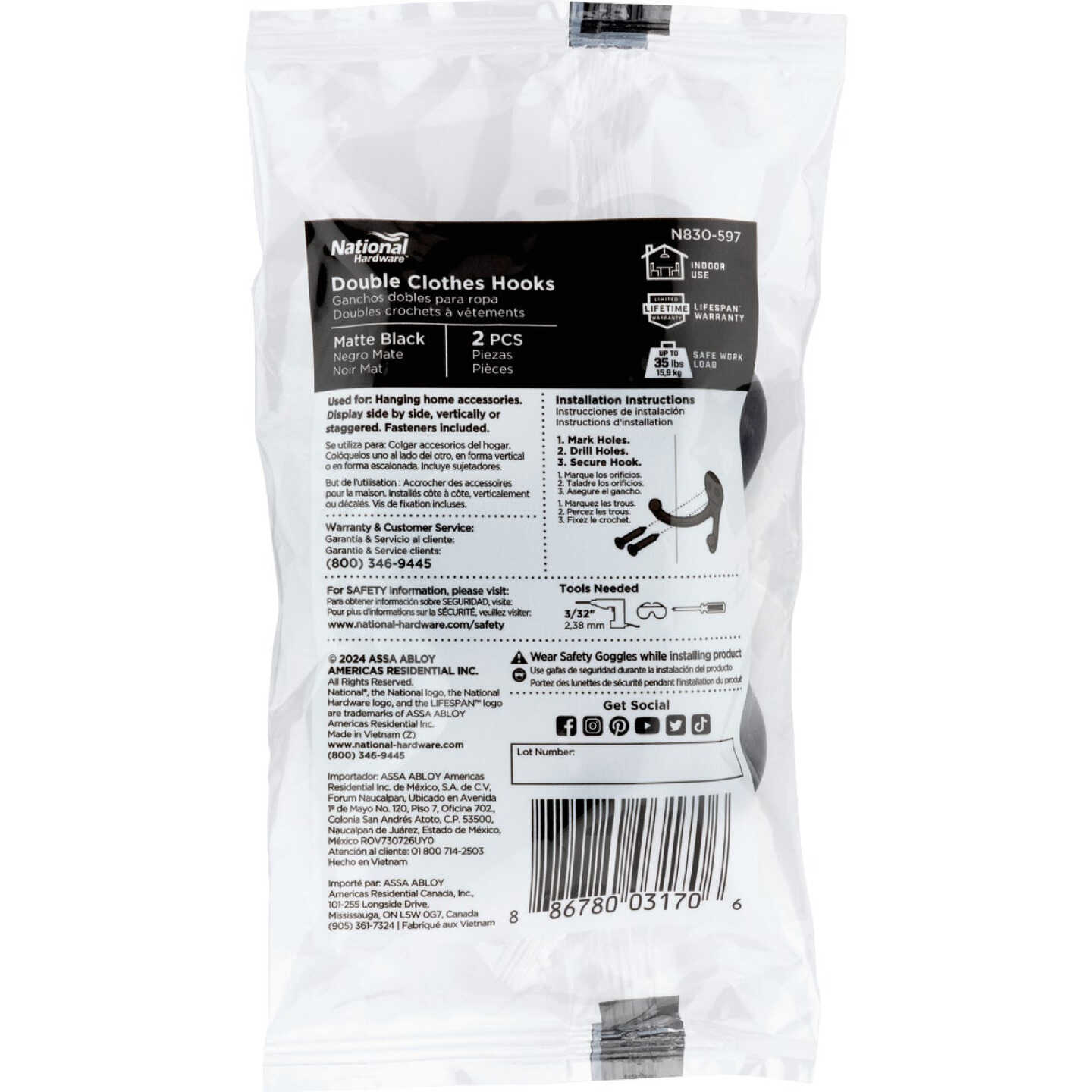 National Hardware Matte Black Double Clothes Hook (2-Pack Bagged) Image 2