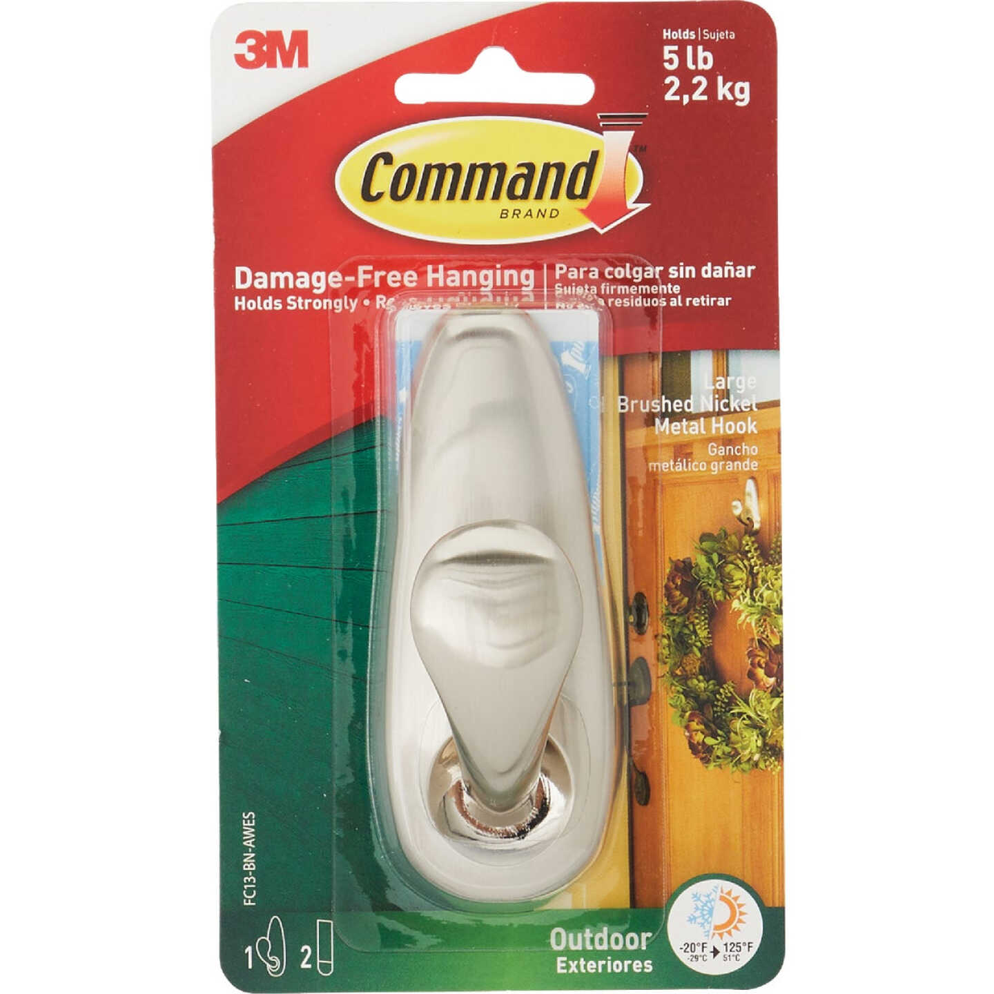Command Outdoor Forever Classic Large Metal Hook, Brushed Nickel, 1 Hook, 2 Strips Image 7