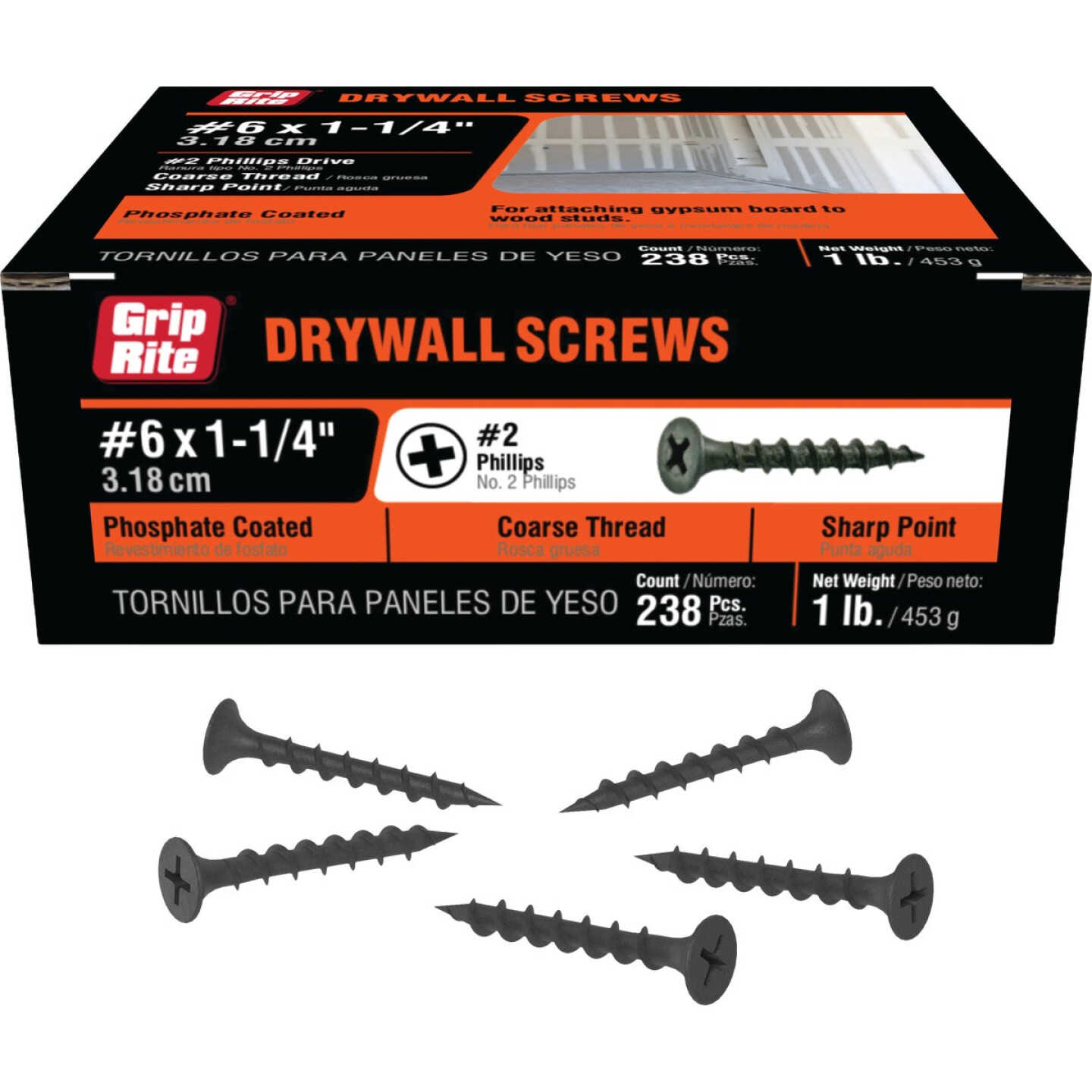 Grip-Rite #6 x 1-1/4 In. Coarse Thread Black Phosphate Drywall Screw (1 Lb.) Image 1