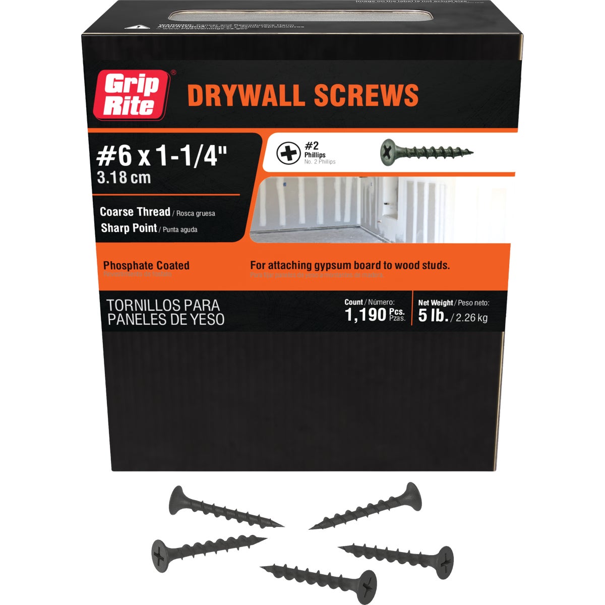 Grip-Rite #6 x 1-1/4 In. Coarse Thread Black Phosphate Drywall Screw (5 Lb.)