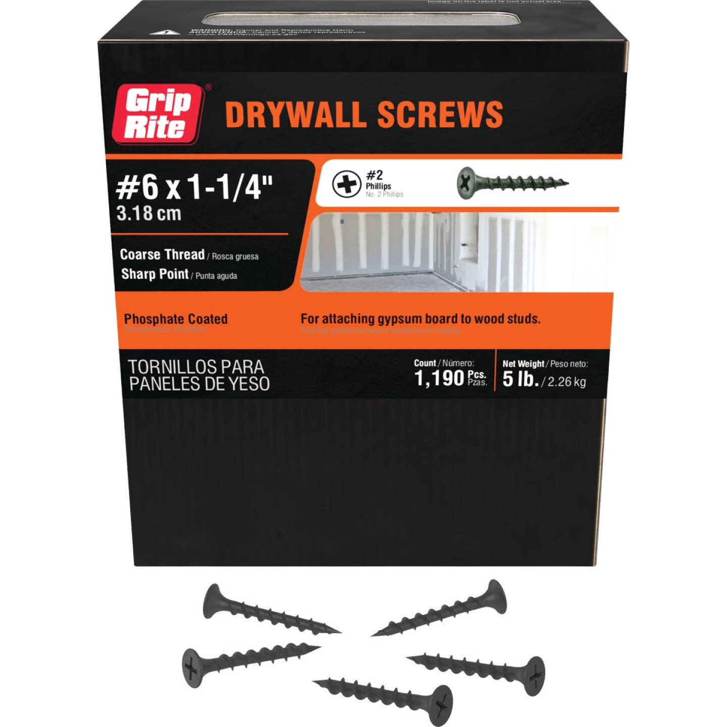 Grip-Rite #6 x 1-1/4 In. Coarse Thread Black Phosphate Drywall Screw (5 Lb.) Image 1