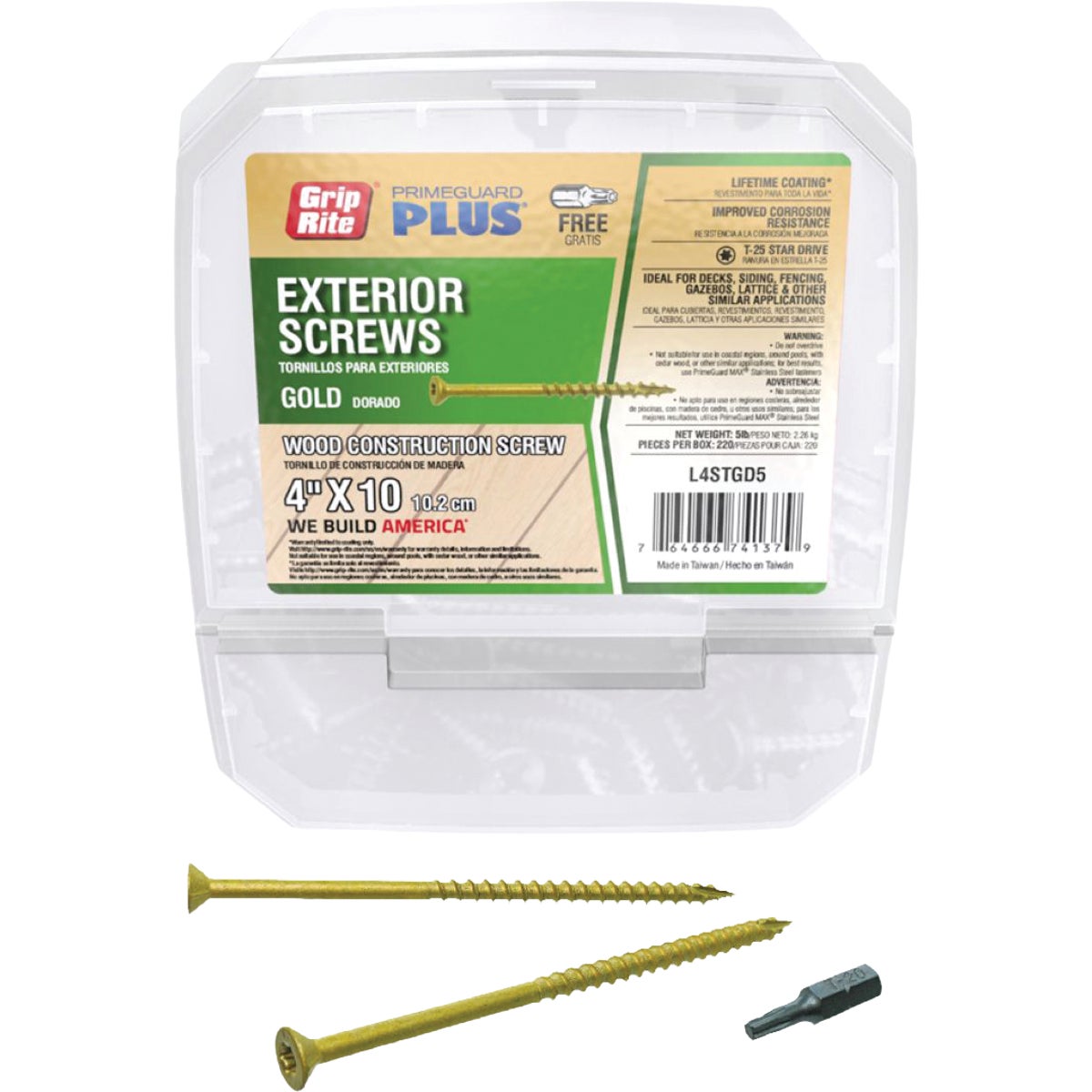 Grip-Rite PrimeGuard Plus 4 In. x 10 ga T-25 Star Drive Bugle Head Coarse Thread Type 17 Point Gold Exterior Construction Screw (5 Lb.)