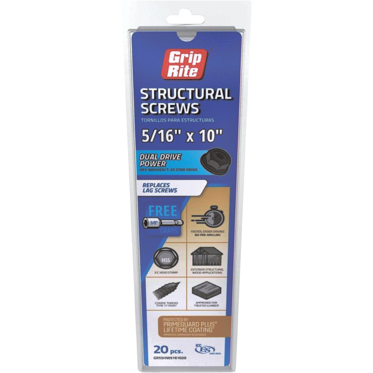 Grip-Rite PrimeGuard Plus 5/16 In. x 10 In. Dual Drive Hex Washer Head Structural Screw (20-Count)