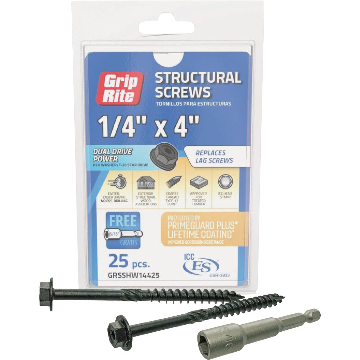 Grip-Rite PrimeGuard Plus 1/4 In. x 4 In. Hex Washer Head Structural Screw (25-Count) Image 1