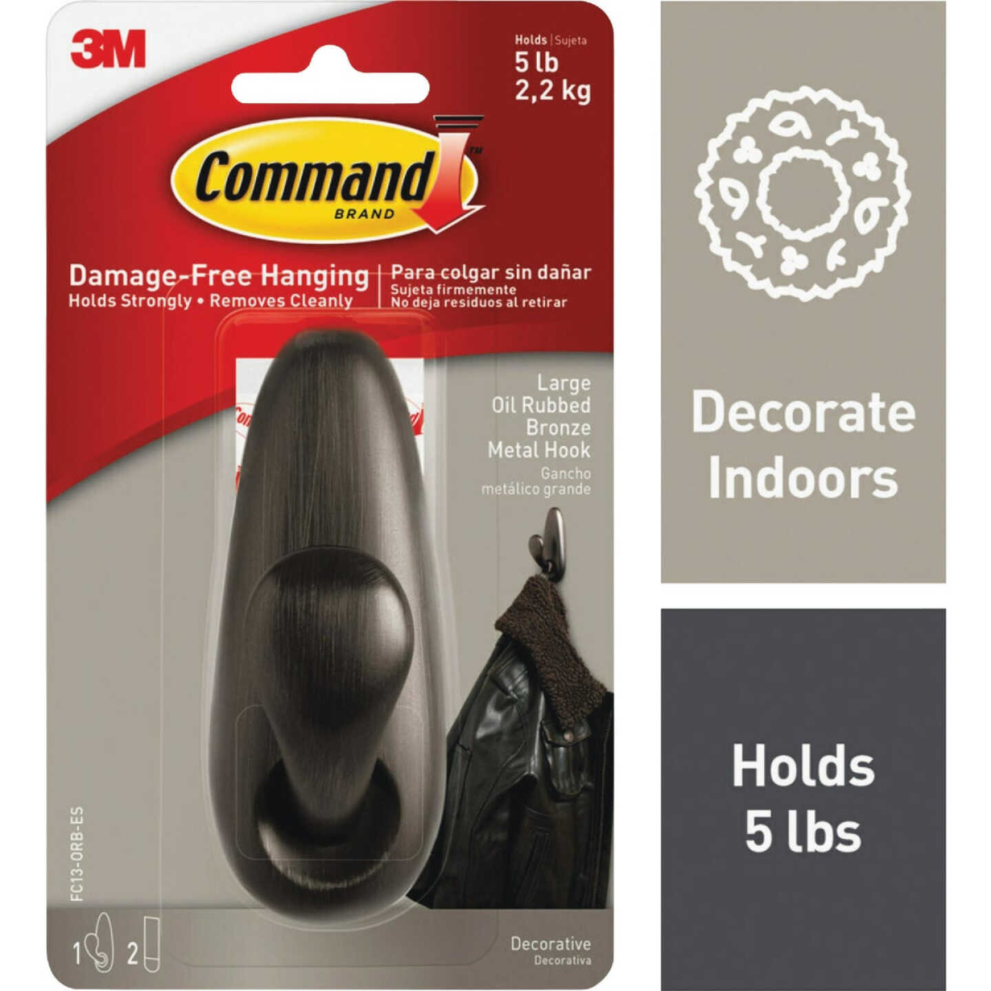 Command Outdoor Forever Classic Large Metal Hook with Foam Strips, Oil Rubbed Bronze, 1 Hook, 2 Strips Image 1