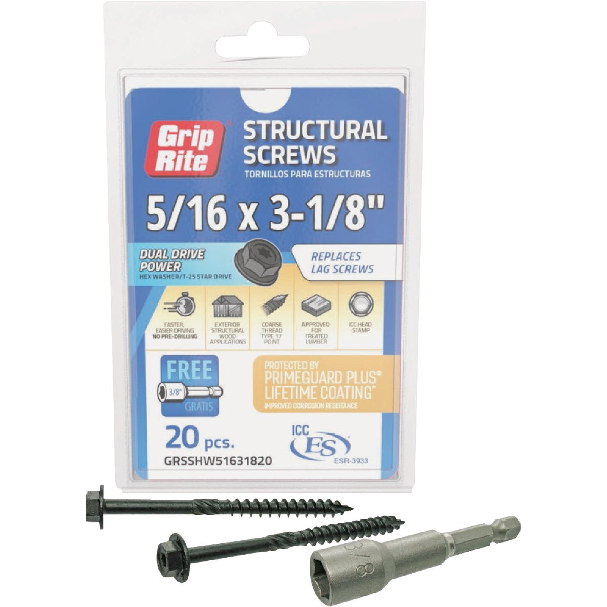 Grip-Rite PrimeGuard Plus 5/16 In. x 3-1/8 In. Hex Washer Head Structural Screw (20-Count) Image 1