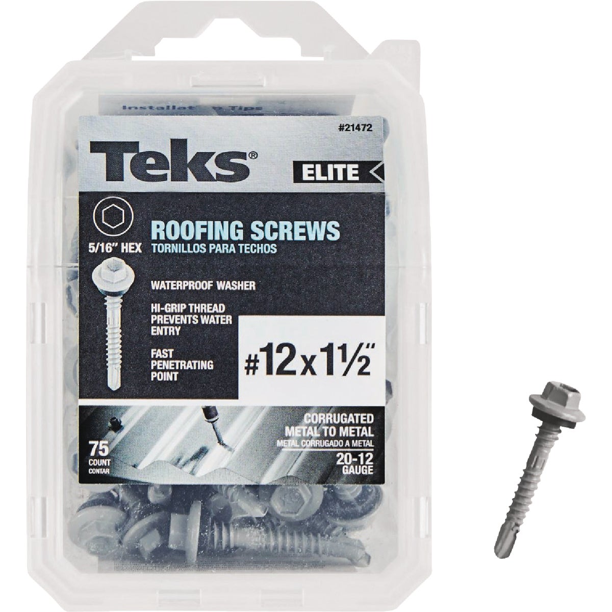 Teks Elite #12 x 1-1/2 In. Hex Washer Head Drill Point Metal to Wood Roofing Screw (75-Count)