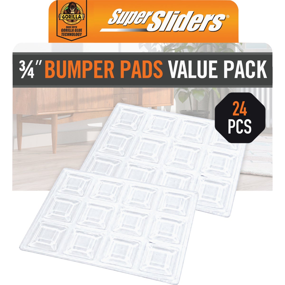 Super Sliders Gorilla Glue 3/4 In. Square Clear Furniture Wall Bumpers (24-Pack)