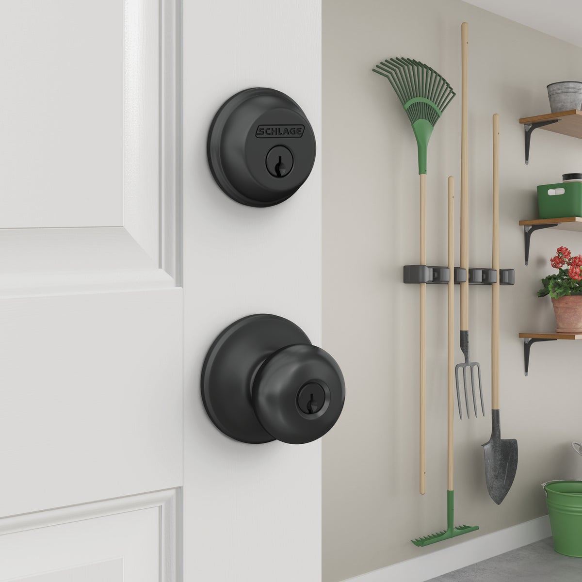 Schlage Matte Black Single Cylinder Deadbolt & Plymouth Keyed Entry Knob Image 2