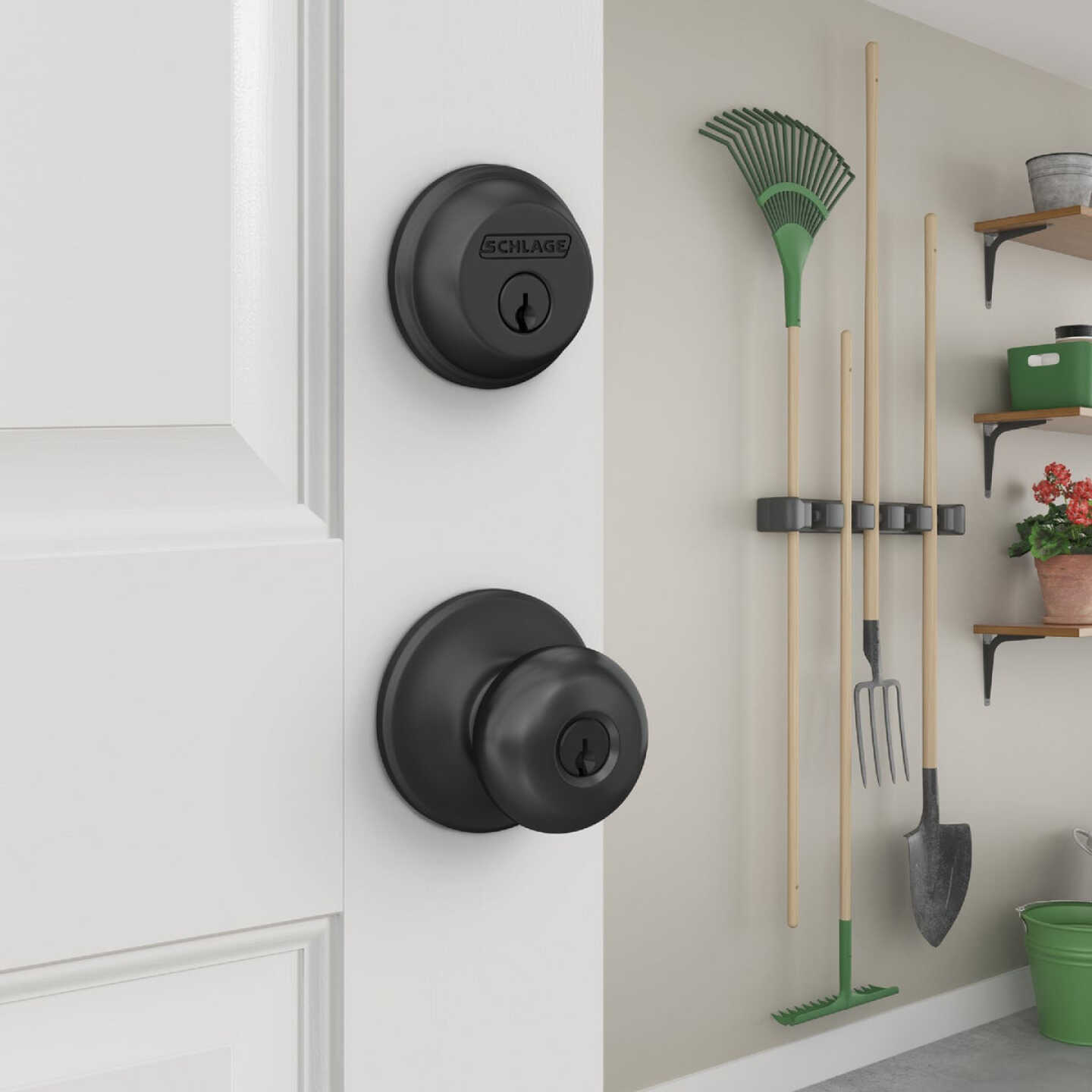 Schlage Matte Black Single Cylinder Deadbolt & Plymouth Keyed Entry Knob Image 2