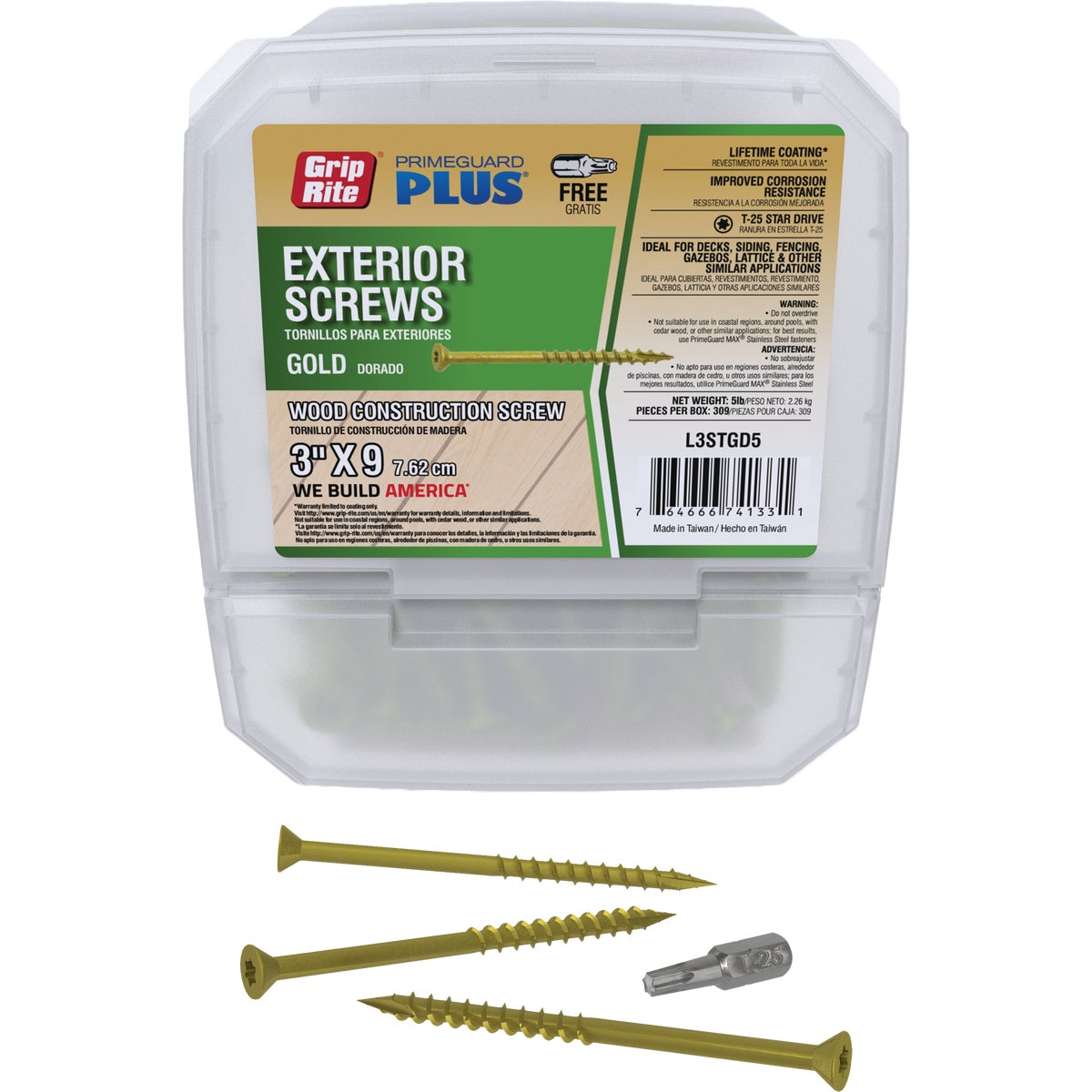 Grip-Rite PrimeGuard Plus 3 In. x 9 ga Star Drive Gold Exterior Construction Screw (5 Lb.)