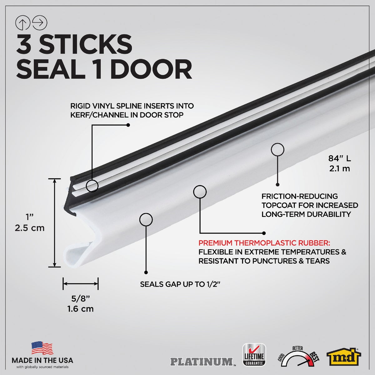 M-D Building Products 84 In. Premium Rubber PLATINUM Top and Sides Door Seal for Doors with Kerf/Channel, White Image 2