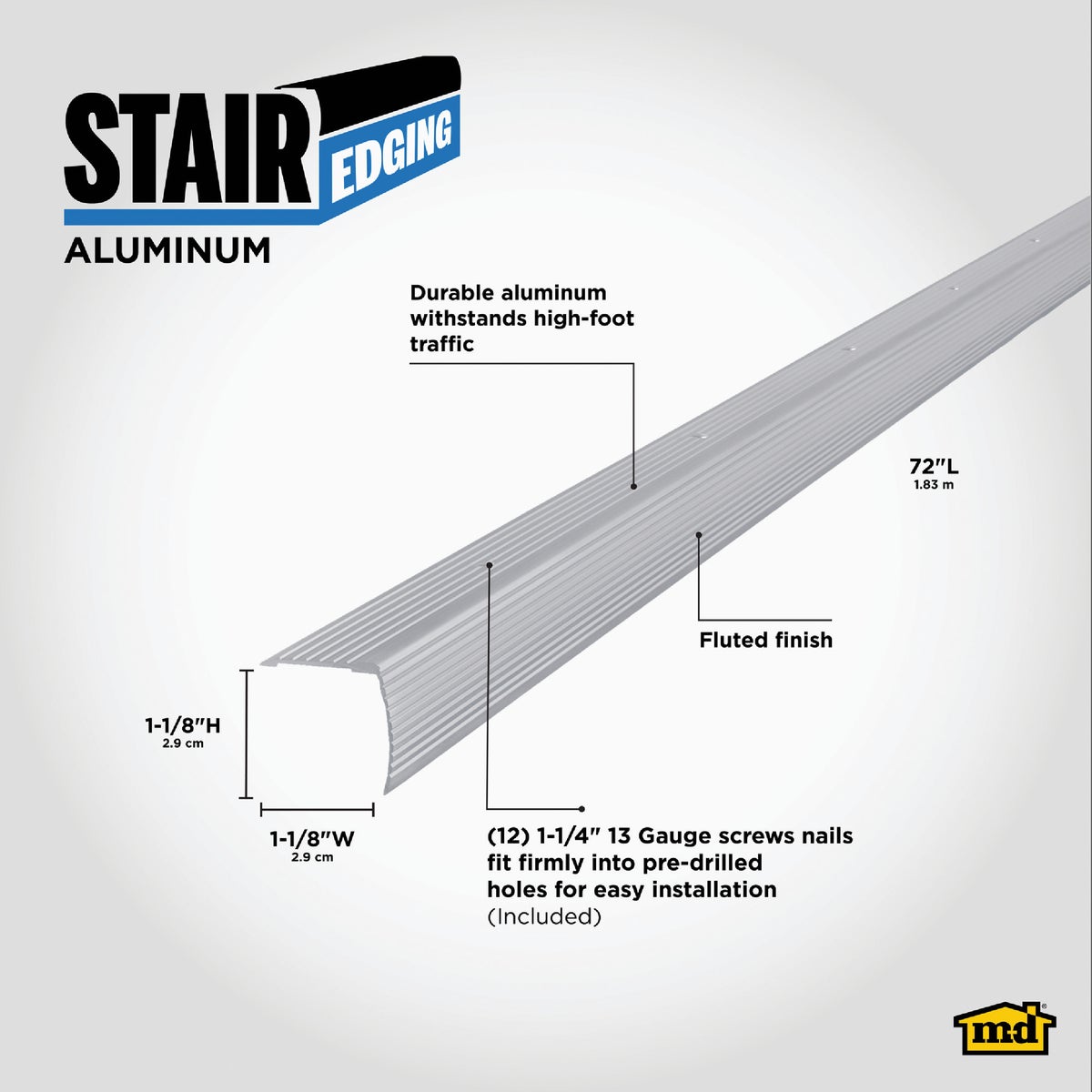 M-D Building Products 1-1/8 In. X 1-1/8 In. X 72 In. Silver Aluminum Stair Edging with Screw Nails Image 2