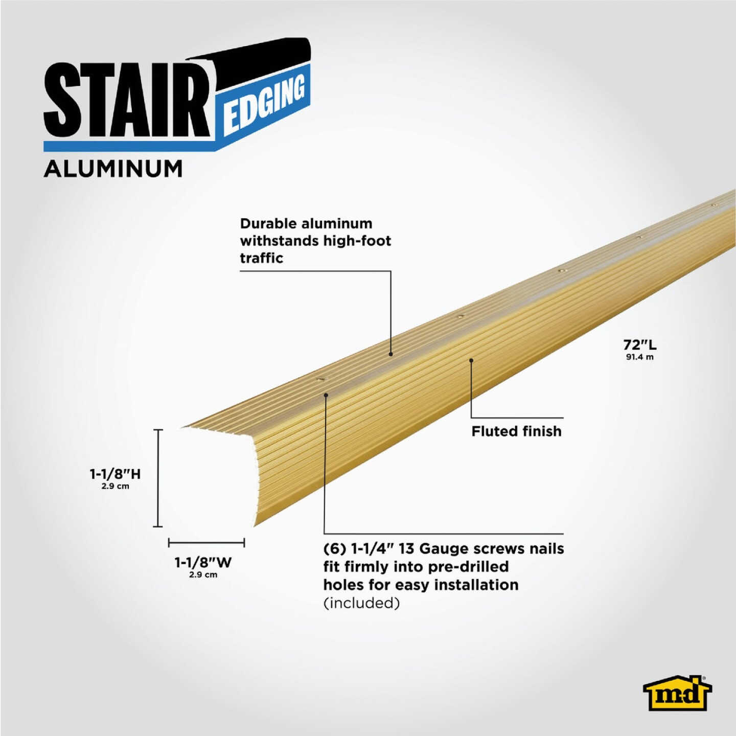 M-D Building Products 1-1/8 In. X 1-1/8 In. X 72 In. Satin Brass Aluminum Stair Edging with Screw Nails Image 2