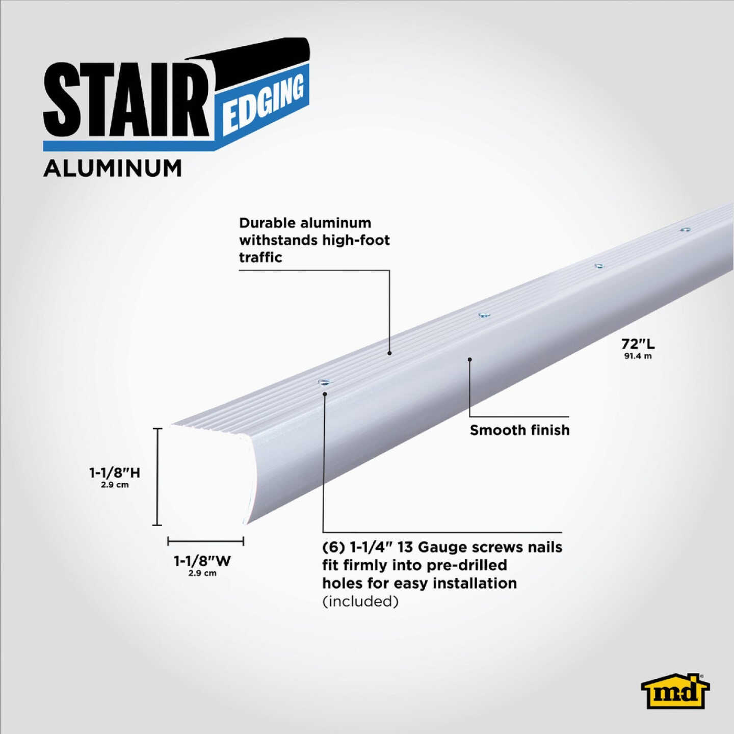 M-D Building Products 1-1/8 In. X 1-1/8 In. X 72 In. Polished Aluminum Stair Edging with Screw Nails Image 2