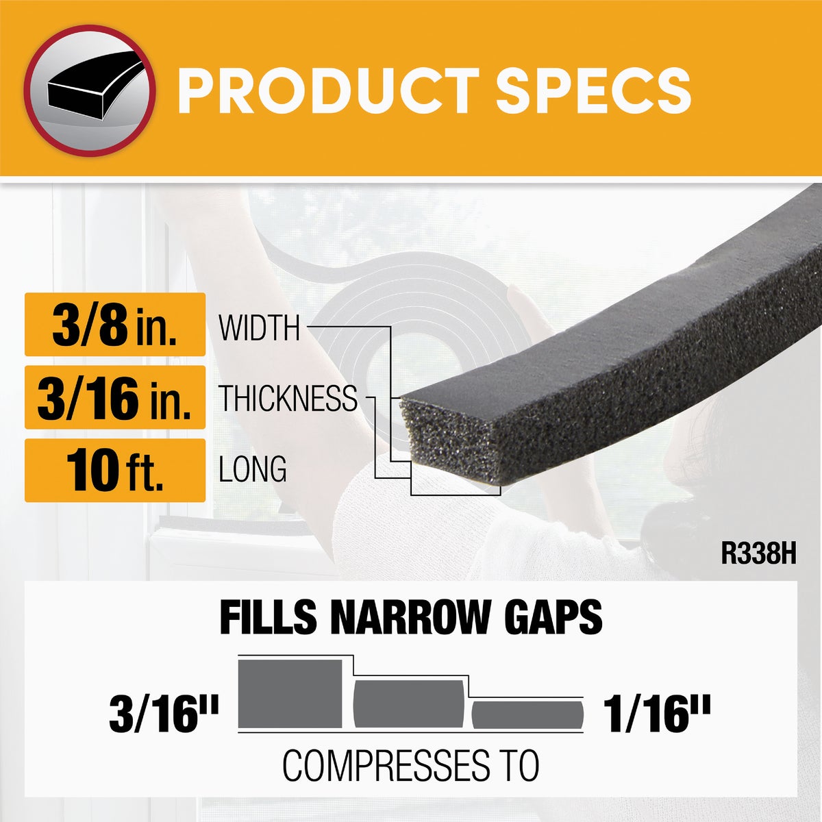 Frost King 3/8 In. Wide x 3/16 In. Thick x 10 Ft. Long Black Rubber Foam Weatherstrip Tape Image 3