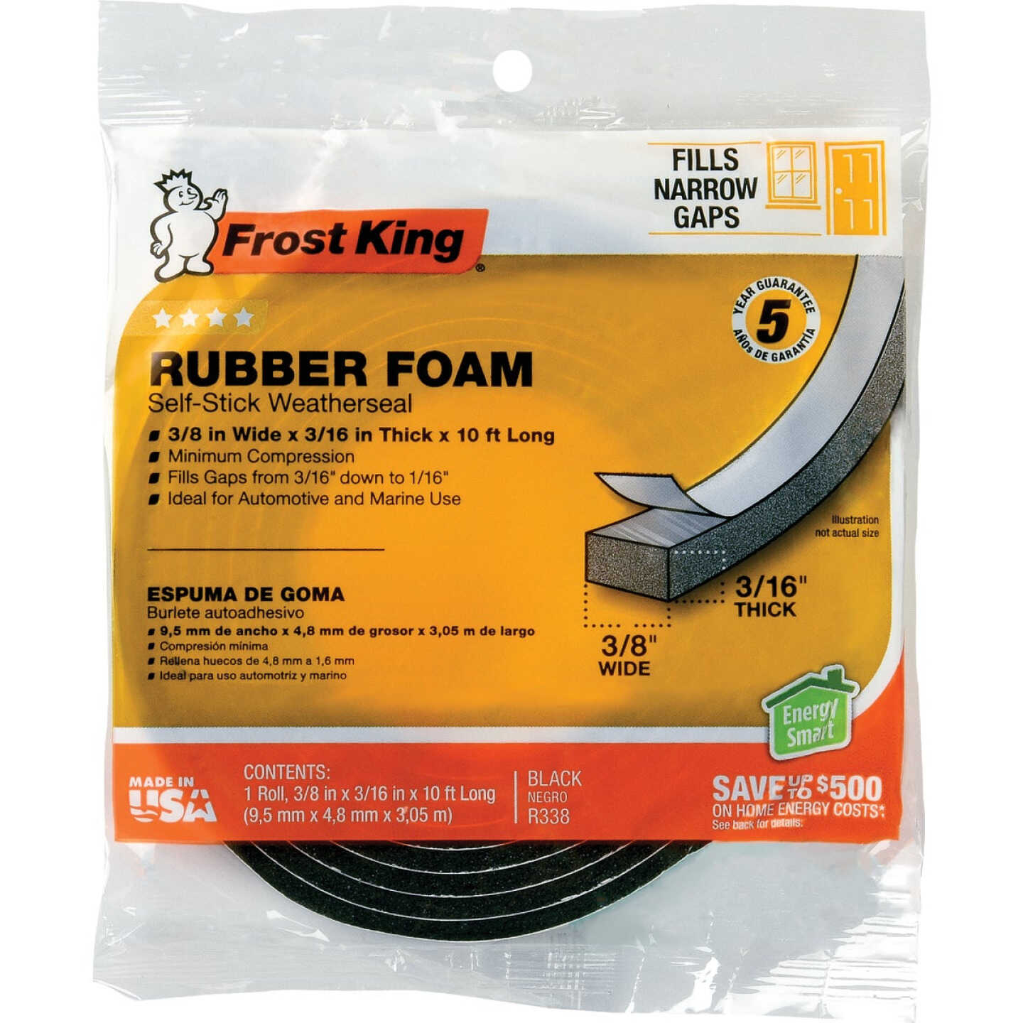 Frost King 3/8 In. Wide x 3/16 In. Thick x 10 Ft. Long Black Rubber Foam Weatherstrip Tape Image 1
