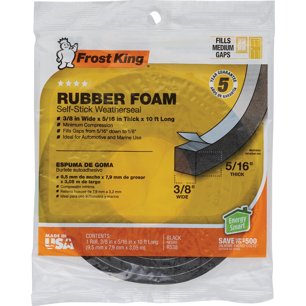 Frost King 3/8 In. W x 5/16 In. T x 10 Ft. L Black Rubber Foam Weatherstrip Tape Image 2
