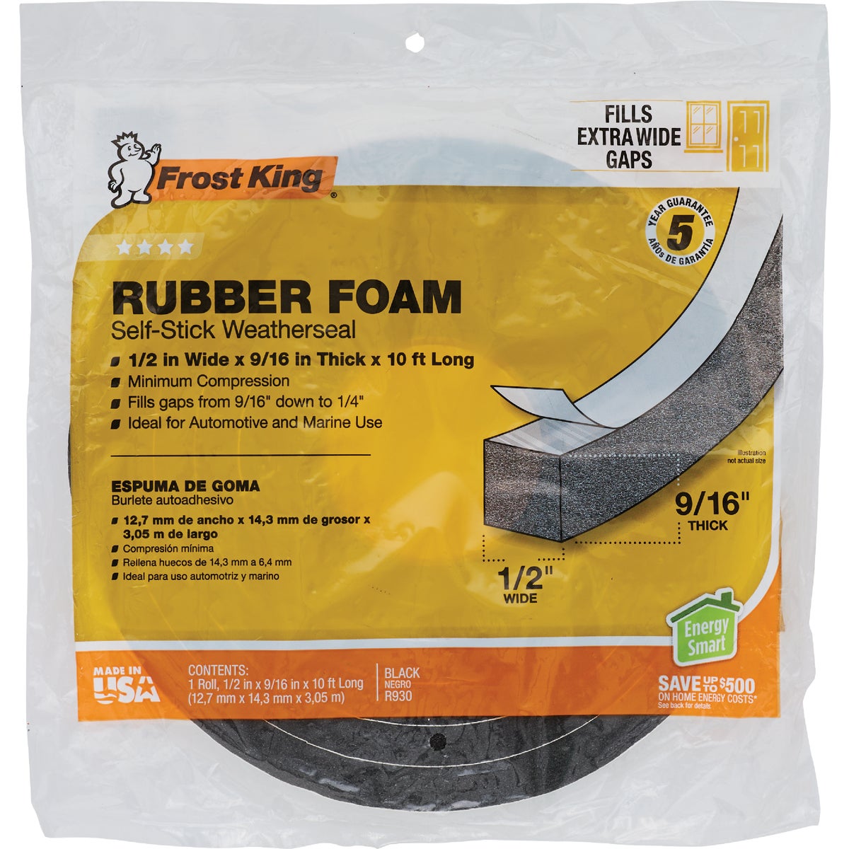 Frost King 1/2 In. Wide x 9/16 In. Thick x 10 Ft. Long Black Rubber Foam Weatherstrip Tape Image 2