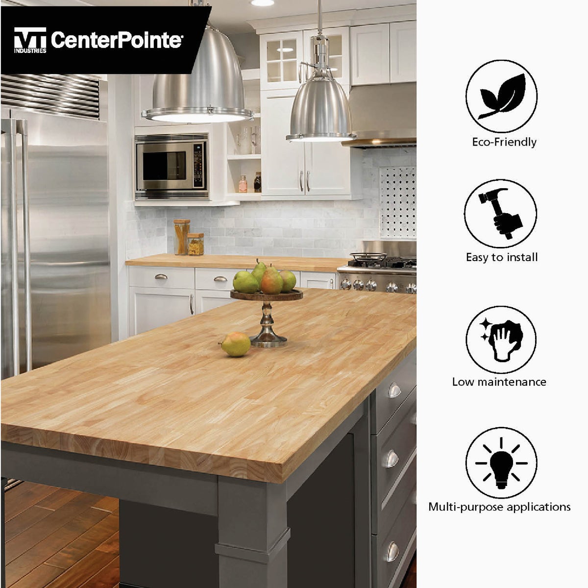 VT Industries CenterPointe 74 In. L x 39 In. D x 1.5 In. T Unfinished Hevea Wood Butcher Block Island Countertop with Square Edge Image 4