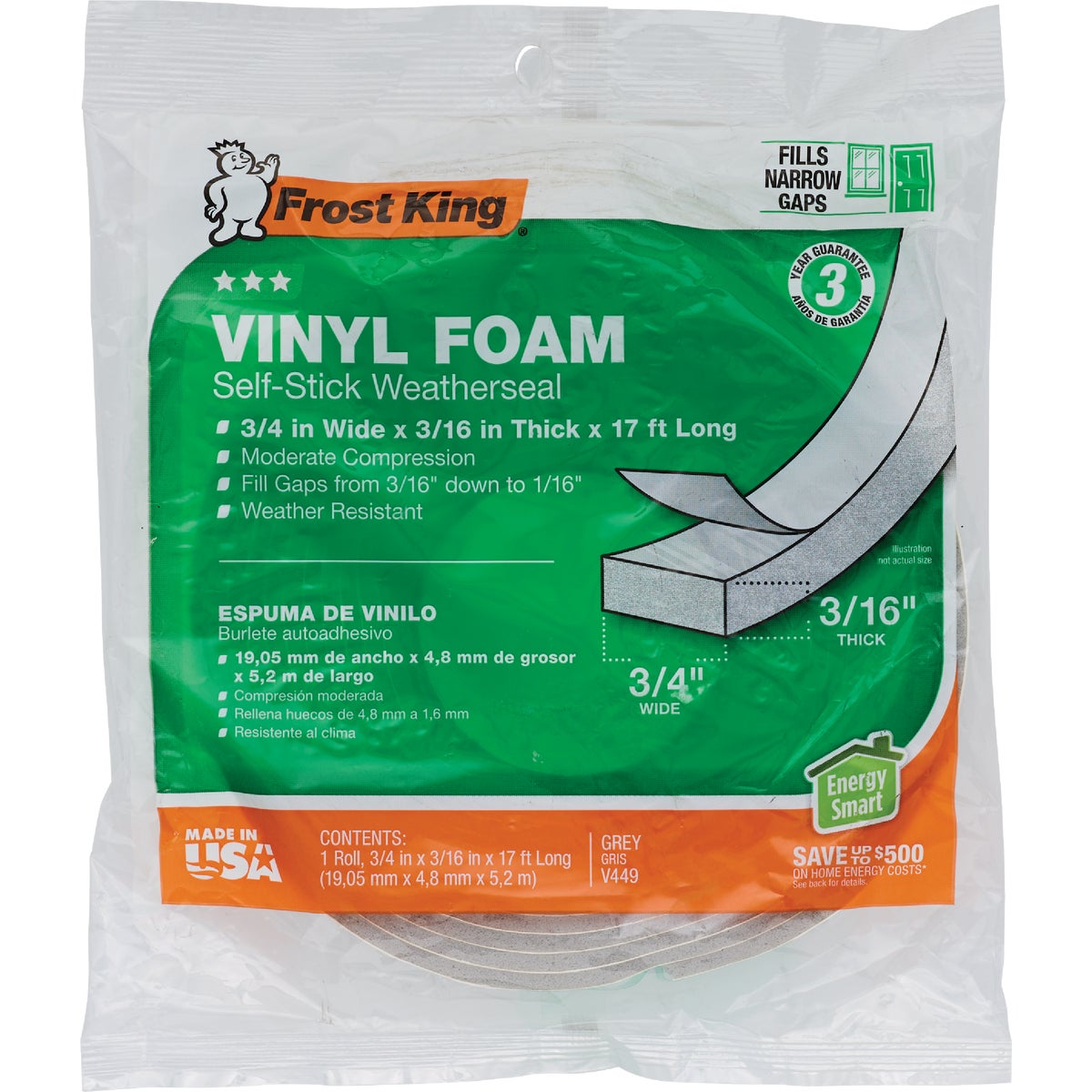 Frost King 3/4 In. Wide x 3/16 In. Thick x 17 Ft. Long Grey Vinyl Foam Weatherstrip Tape Image 2