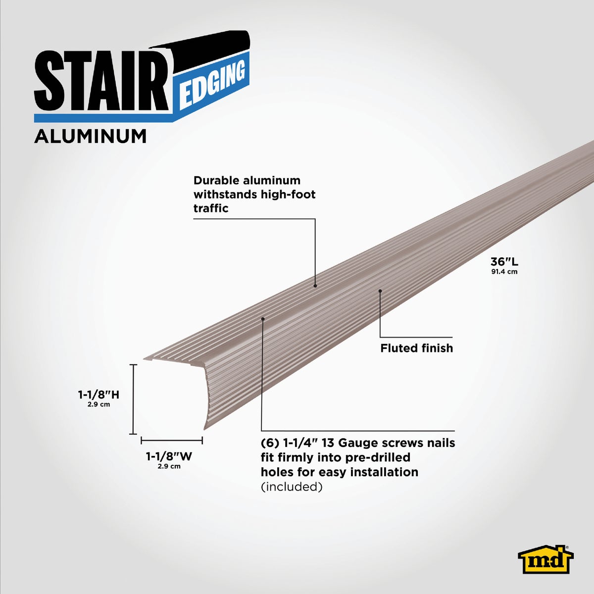 M-D Building Products 1-1/8 In. X 1-1/8 In. X 36 In. Pewter Aluminum Stair Edging with Screw Nails Image 2