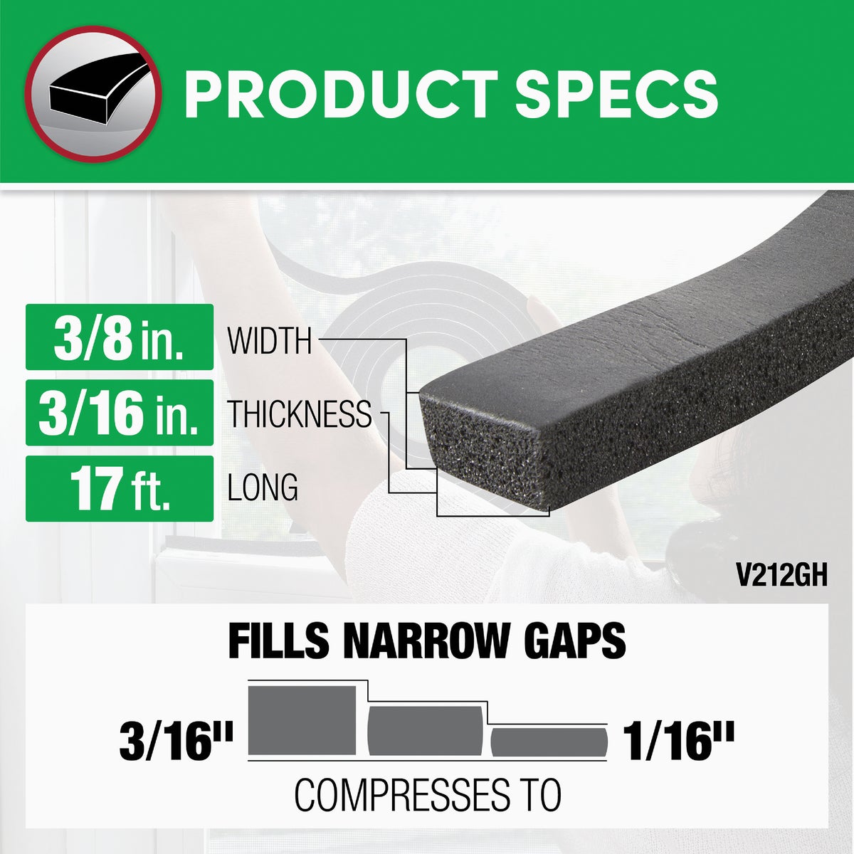 Frost King 3/8 In. W x 3/16 In. T x 17 Ft. L Charcoal Vinyl Foam Weatherstrip Tape Image 3
