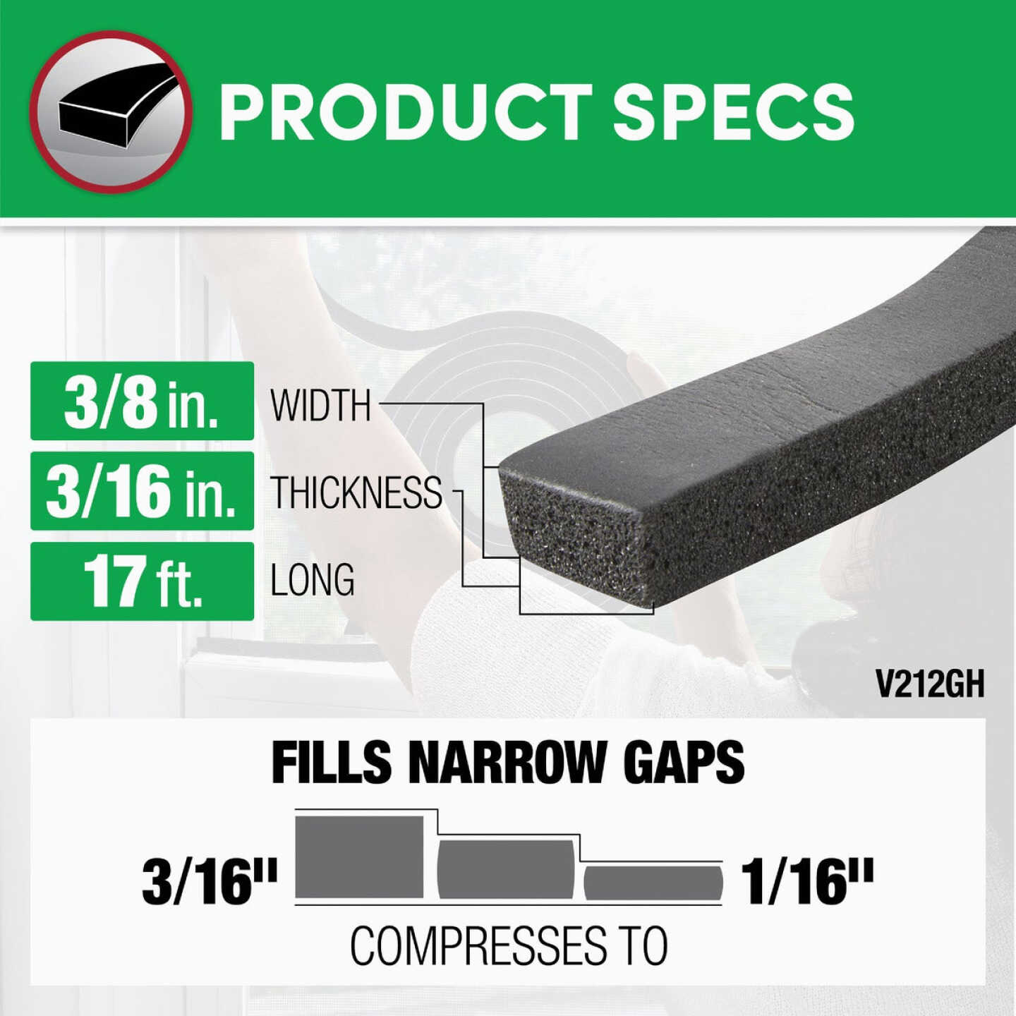 Frost King 3/8 In. W x 3/16 In. T x 17 Ft. L Charcoal Vinyl Foam Weatherstrip Tape Image 3