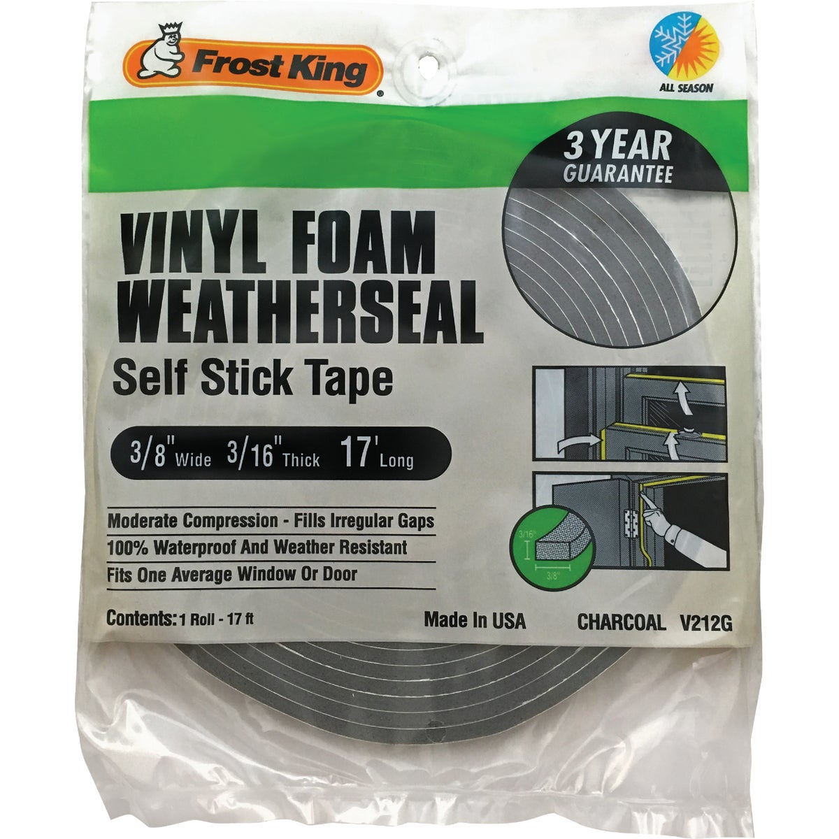 Frost King 3/8 In. W x 3/16 In. T x 17 Ft. L Charcoal Vinyl Foam Weatherstrip Tape Image 7
