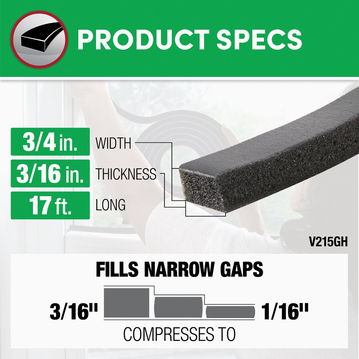 Frost King 3/4 In. W x 3/16 In. T x 17 Ft. L Charcoal Vinyl Foam Weatherstrip Tape Image 3