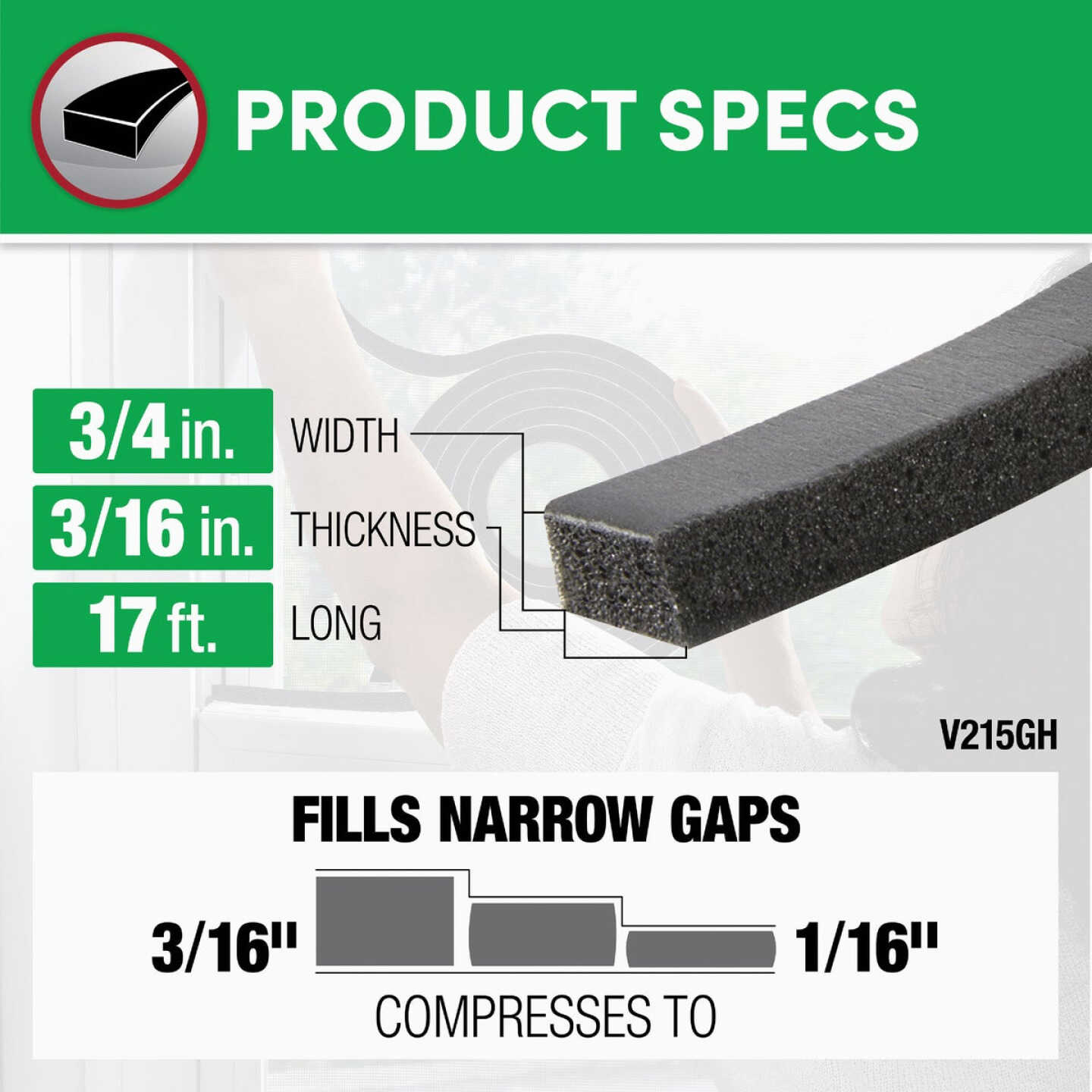 Frost King 3/4 In. W x 3/16 In. T x 17 Ft. L Charcoal Vinyl Foam Weatherstrip Tape Image 3