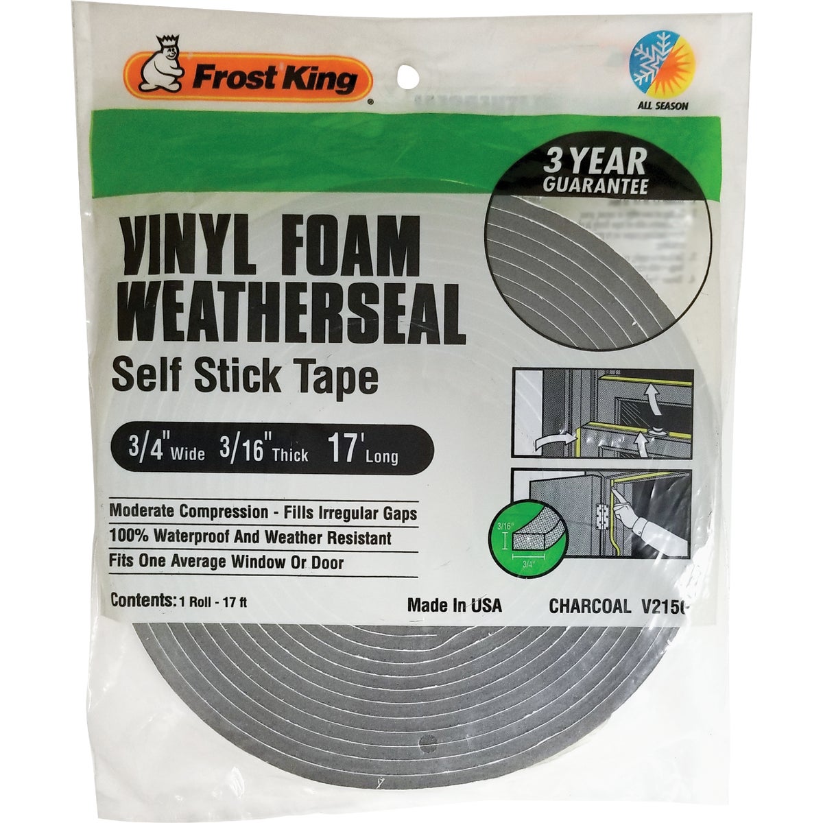 Frost King 3/4 In. W x 3/16 In. T x 17 Ft. L Charcoal Vinyl Foam Weatherstrip Tape Image 7