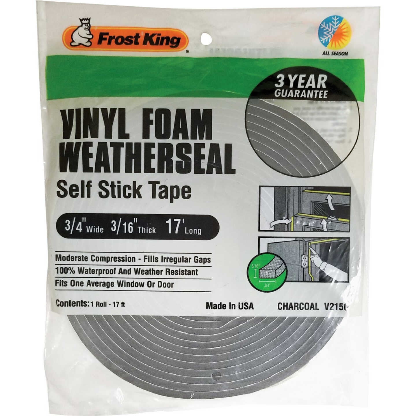 Frost King 3/4 In. W x 3/16 In. T x 17 Ft. L Charcoal Vinyl Foam Weatherstrip Tape Image 7