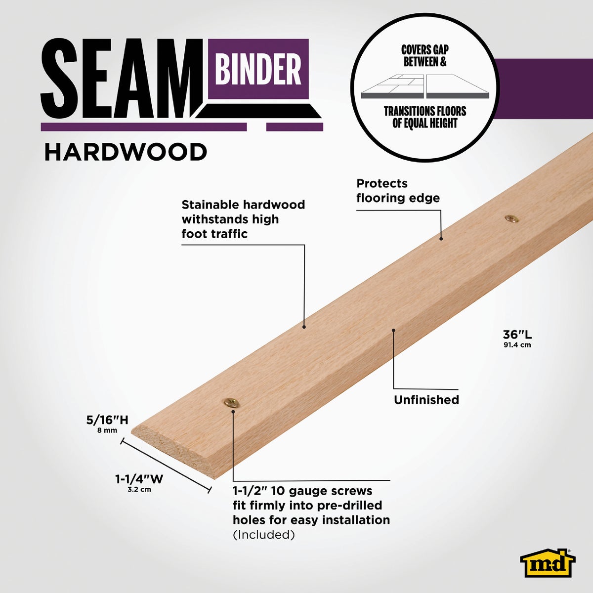 M-D Building Products 1-1/4 in. x 36 in. Unfinished Hardwood Seam Binder with Screws Image 2