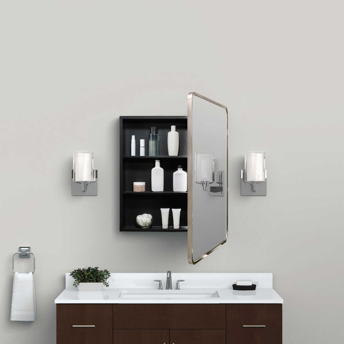 Zenna Home Designer Series Brushed Nickel 24 In. W x 30 In. H x 5 In. D Single Mirror Surface/Recess Mount Rectangle Medicine Cabinet Image 2