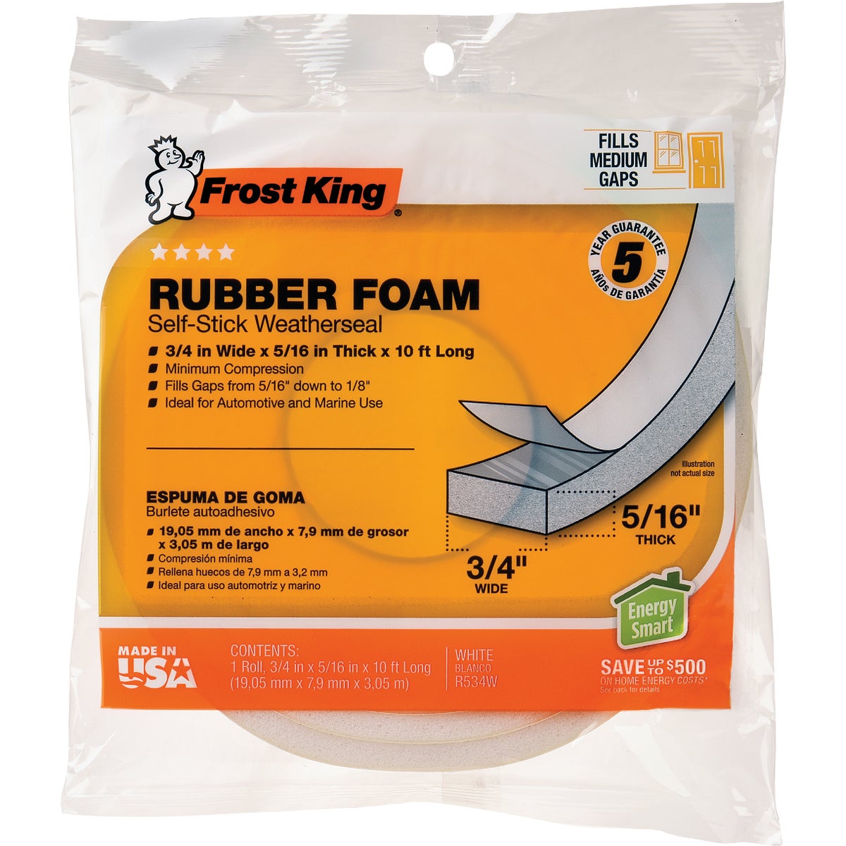 Frost King 3/4 In. Wide x 5/16 In. Thick x 10 Ft. Long White Rubber Foam Weatherstrip Tape