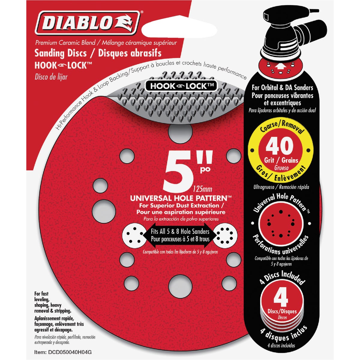 Diablo 5 In. 40-Grit Universal 12-Hole Vented Sanding Disc with Hook and Lock Backing (4-Pack) Image 1