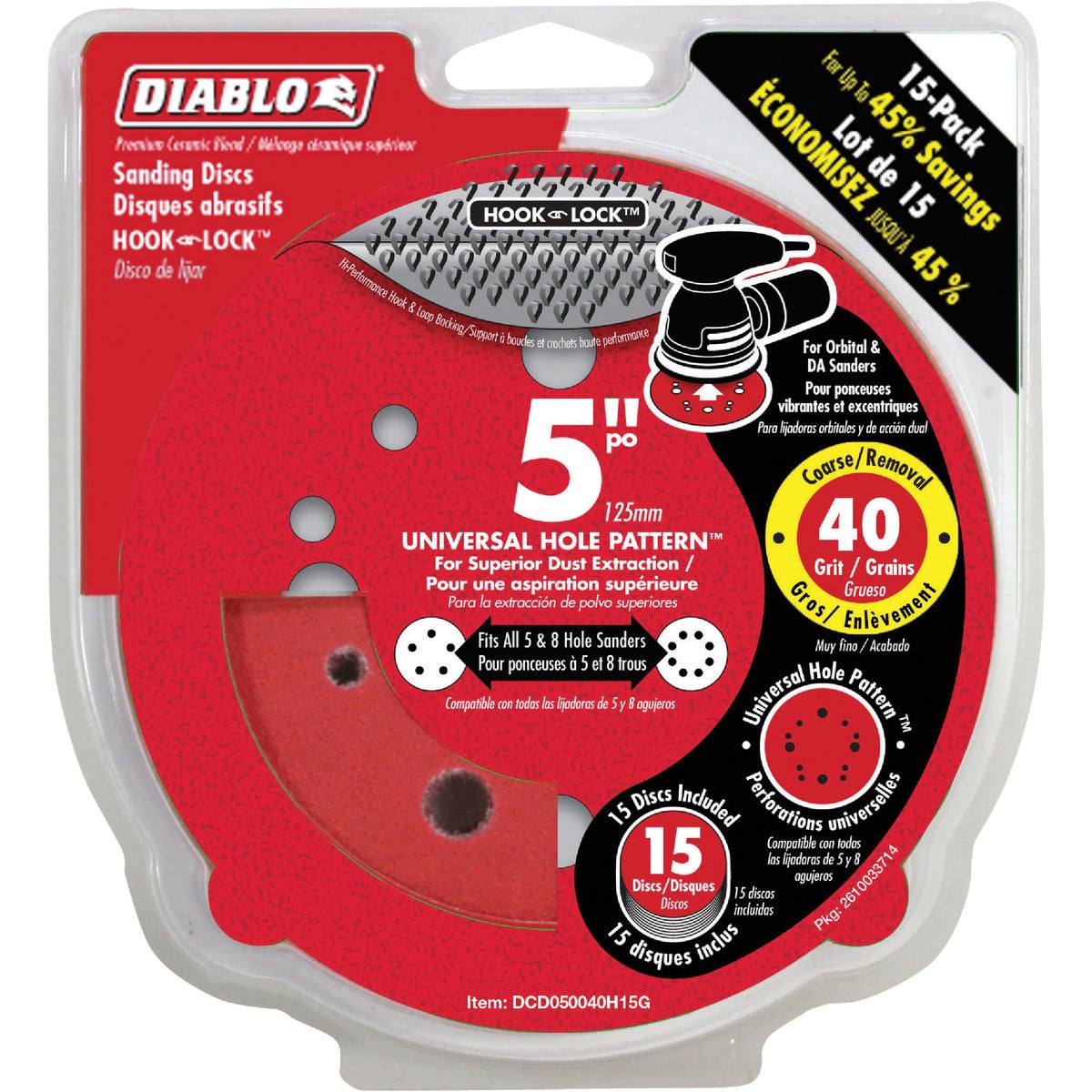 Diablo 5 In. 40-Grit Universal 12-Hole Vented Sanding Disc with Hook and Lock Backing (15-Pack) Image 1